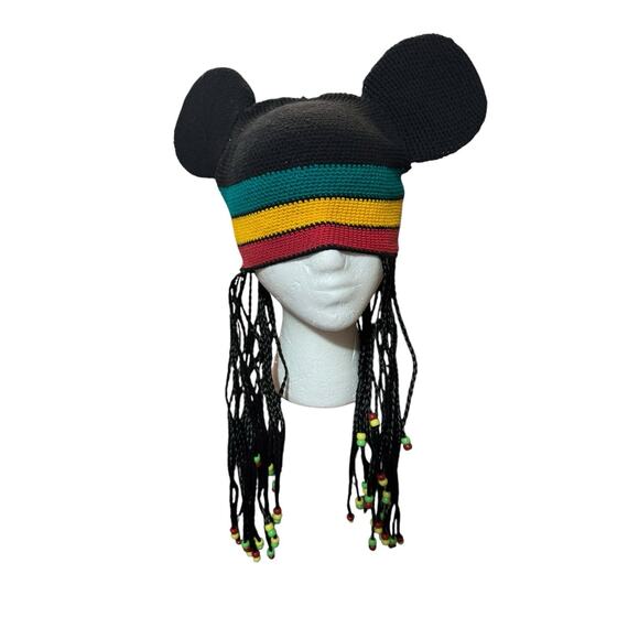 Disney World Mickey Mouse Ears Jamaican Rasta Braids Beads Beanie Hat One Size - Picture 1 of 7